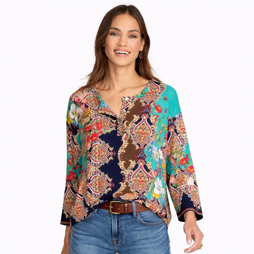 Johnny Was Indi Flower Henley Tee Small